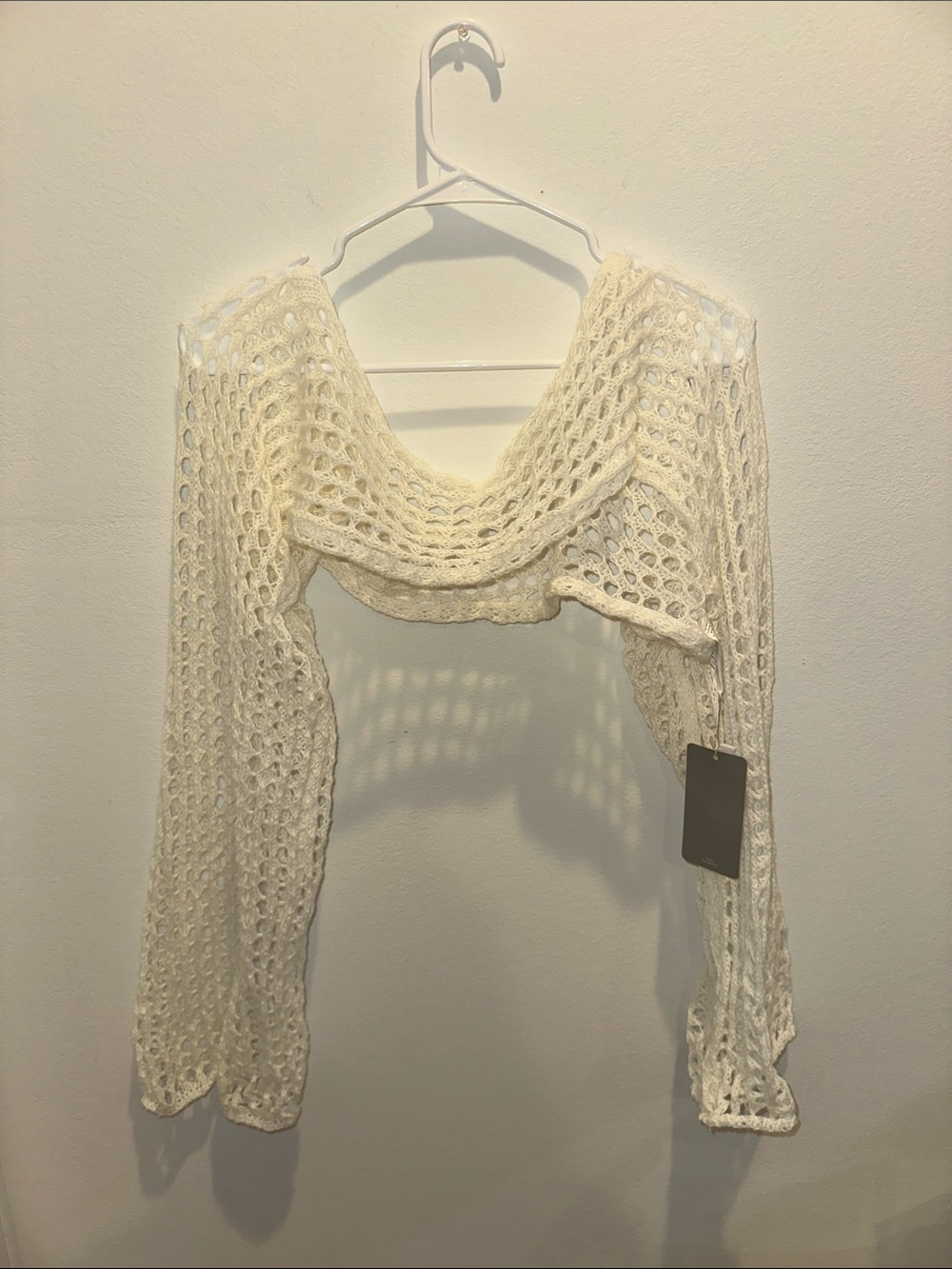Crochet Open-Knit Ivory Cropped Sweater